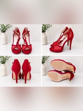 Dream Pairs Red Lace T-Strap Stiletto Heels